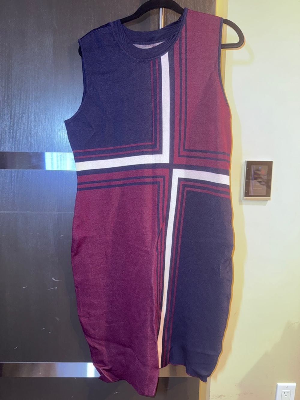 Vince Camuto Sleeveless Cross-Stripe Knit Dress - Burgundy, Navy, White-
